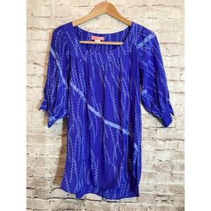 Lux Top Womens Small Silk Cobalt Blue Floral Vines 3/4 Sleeve Flowy Lightweight